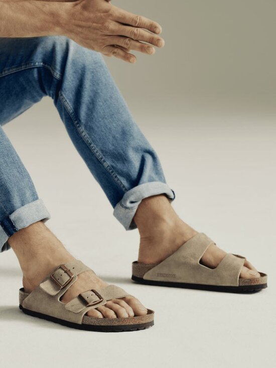 Birkenstock Men Arizona Soft Footbed Suede Sandals in Taupe EU46/US13